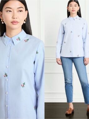 Hill House Light Blue Button-Up Shirt with Delicate Floral Embroidery